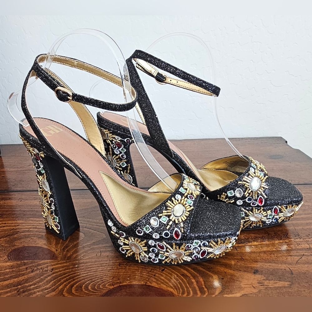 GB Women's Black Glitter Heels w/ Gold Multi Embellishments  Sz 8 & 9M - Picture 4 of 7